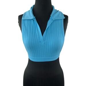 Out From Under Urban Outfitters Sleeveless Crop Top Blue Ribbed Collared Sz M/L